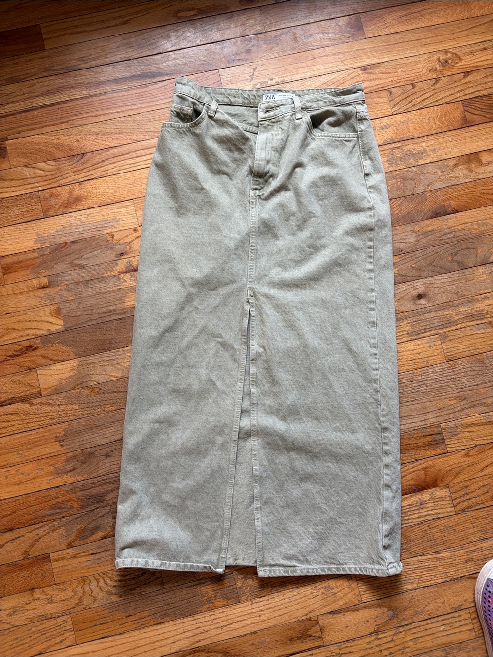 Zara Olive Green Denim Maxi Skirt with Front Slit